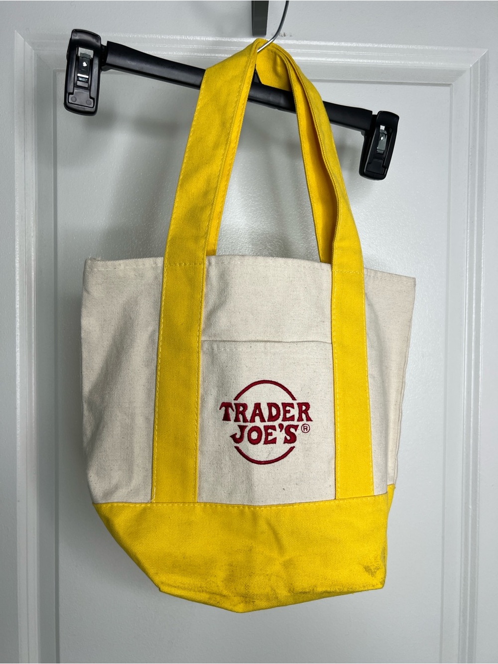 Trader Joe’s Mini Canvas Tote Bag Cream Yellow Handles Embroidered Shopping Bag